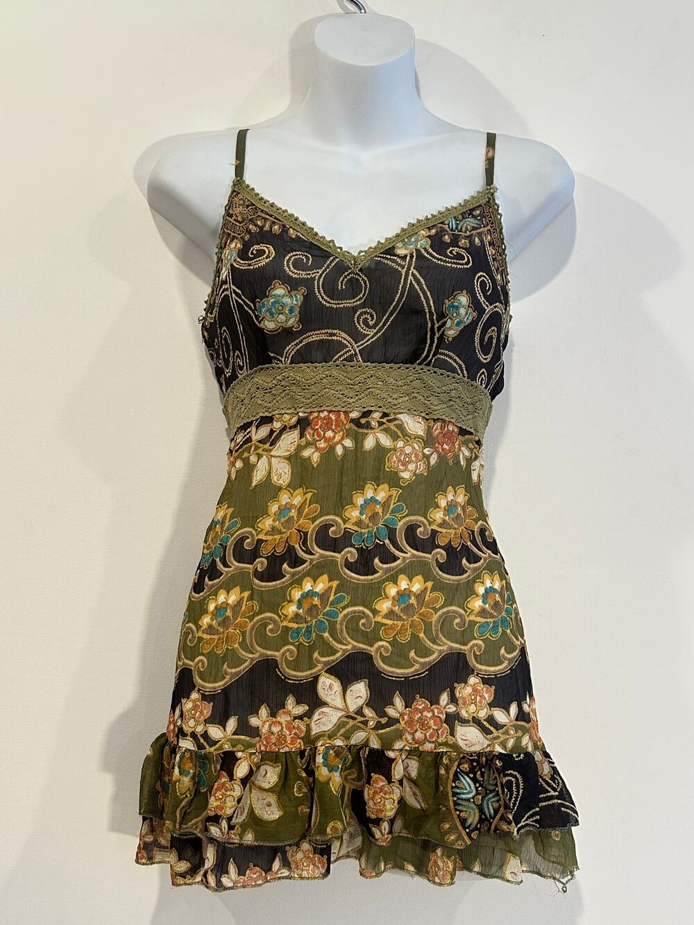 Vintage Exquiss Paris Y2K Whimsigoth Olive Floral Chiffon Ruffle Long Cami Top S